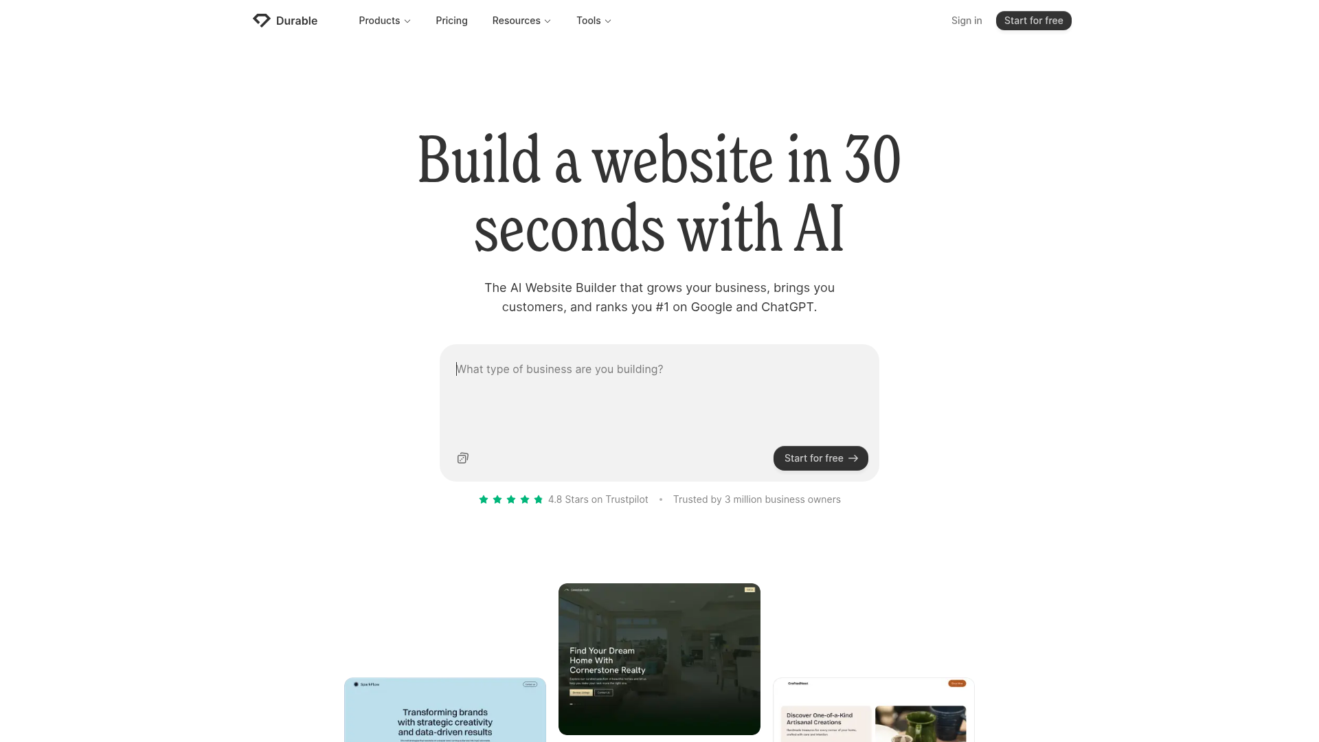 Durable KI-Websitebuilder Landingpage mit Beschreibung des 30-Sekunden-Generierungsablaufs