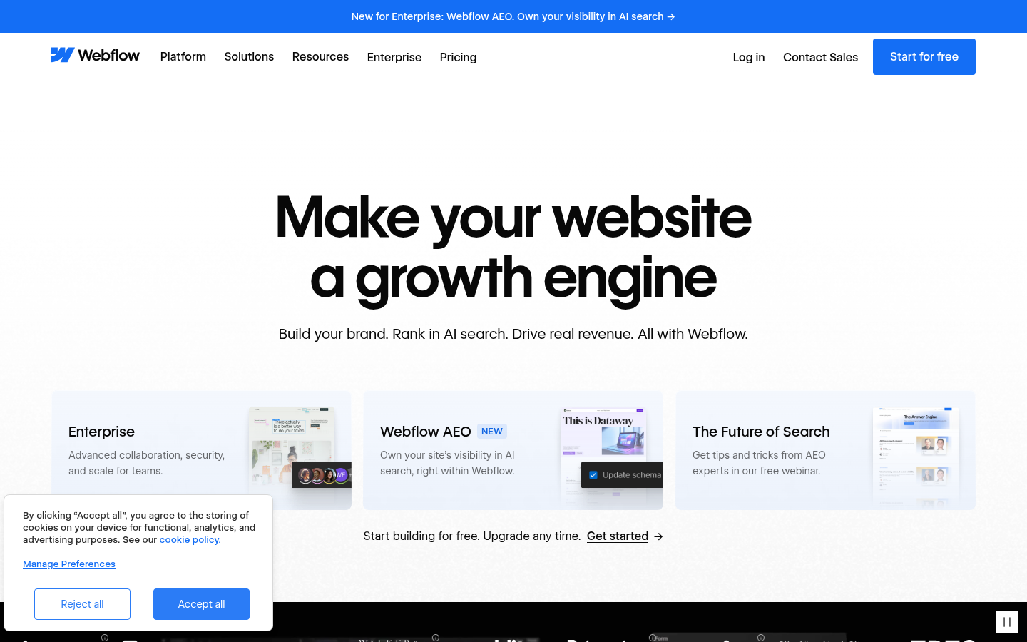Captura de pantalla de la página de inicio de Webflow mostrando la plataforma web agentica