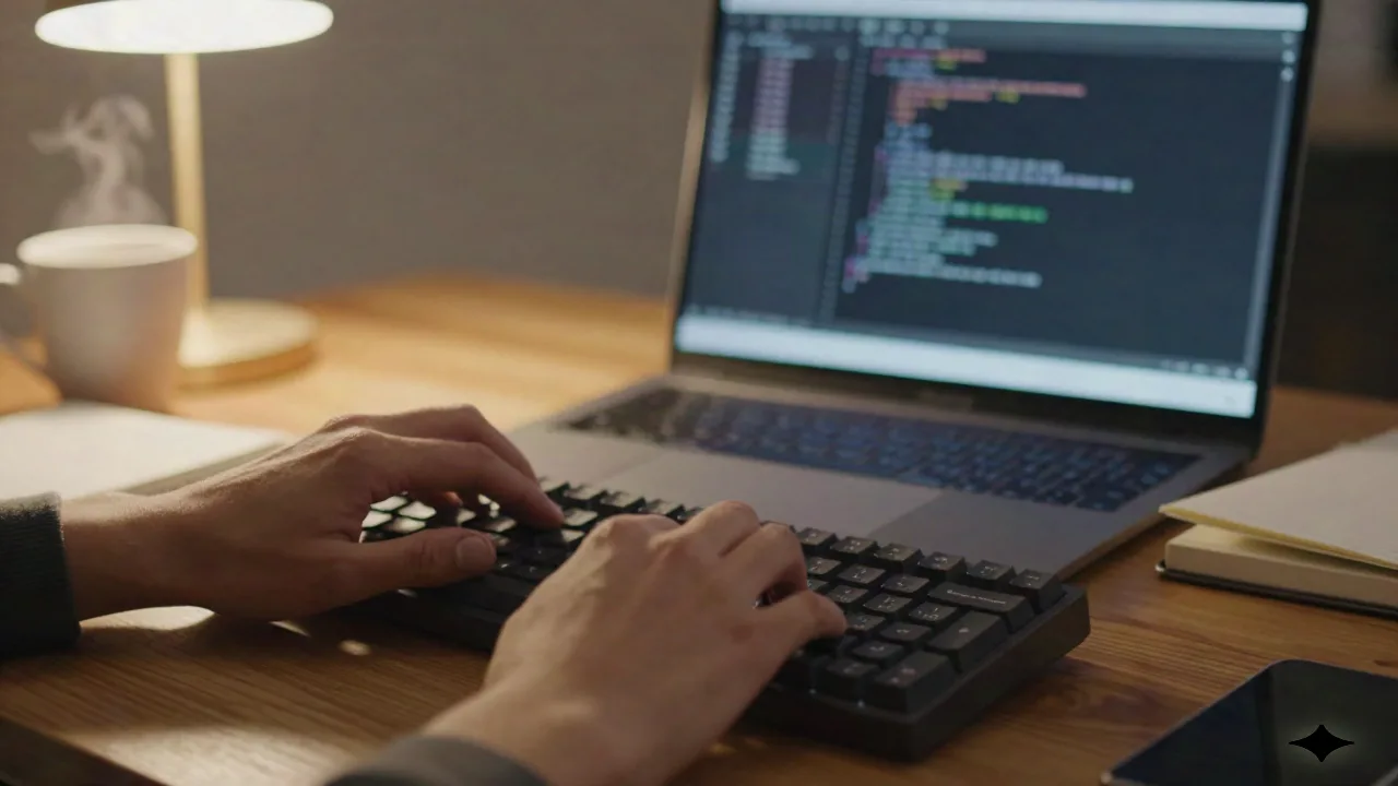 Sviluppatore che digita su una tastiera meccanica con un laptop sullo sfondo che mostra codice sfocato e un terminale