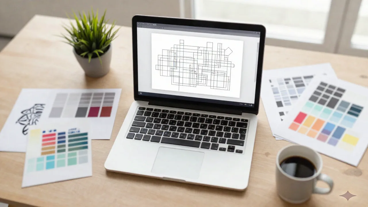 Vista aerea di una scrivania di designer grafico con laptop che mostra una griglia di layout a blocchi astratti, pagine di portfolio stampate e campioni di colore