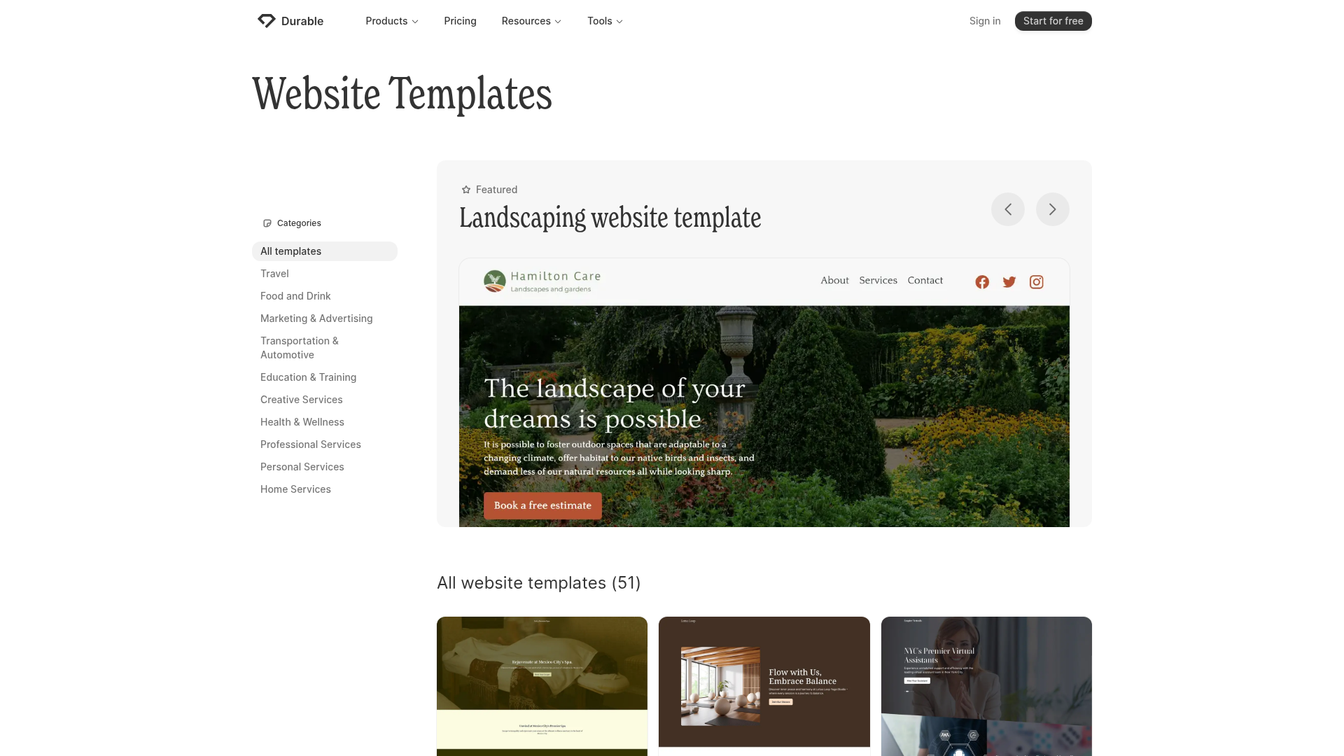 Durable Website-Vorlagengalerie nach Small-Business-Branche organisiert