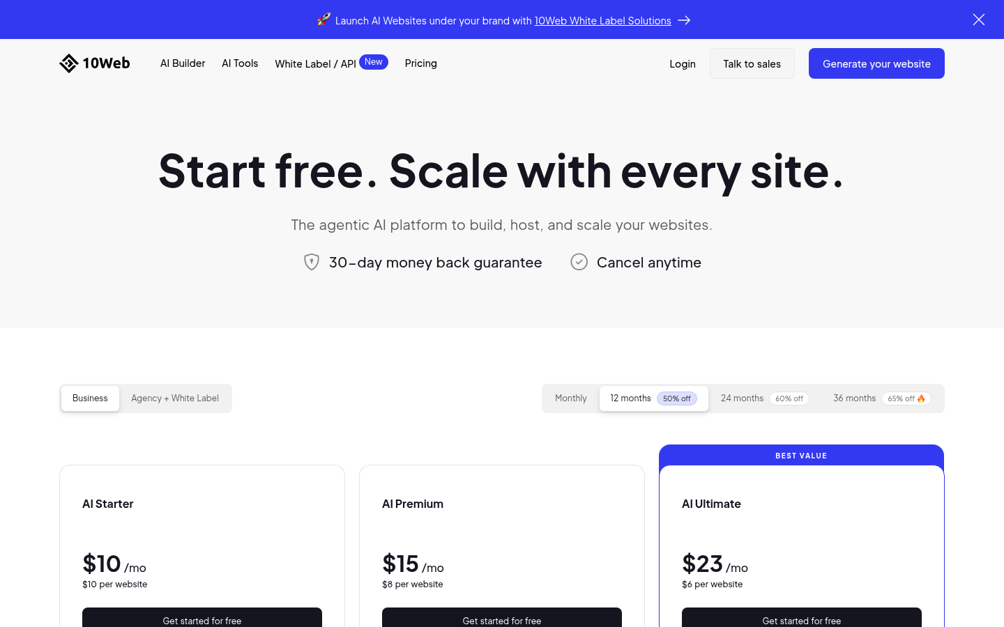 Halaman harga 10Web menampilkan rencana AI Starter, Premium, Ultimate dan Agency