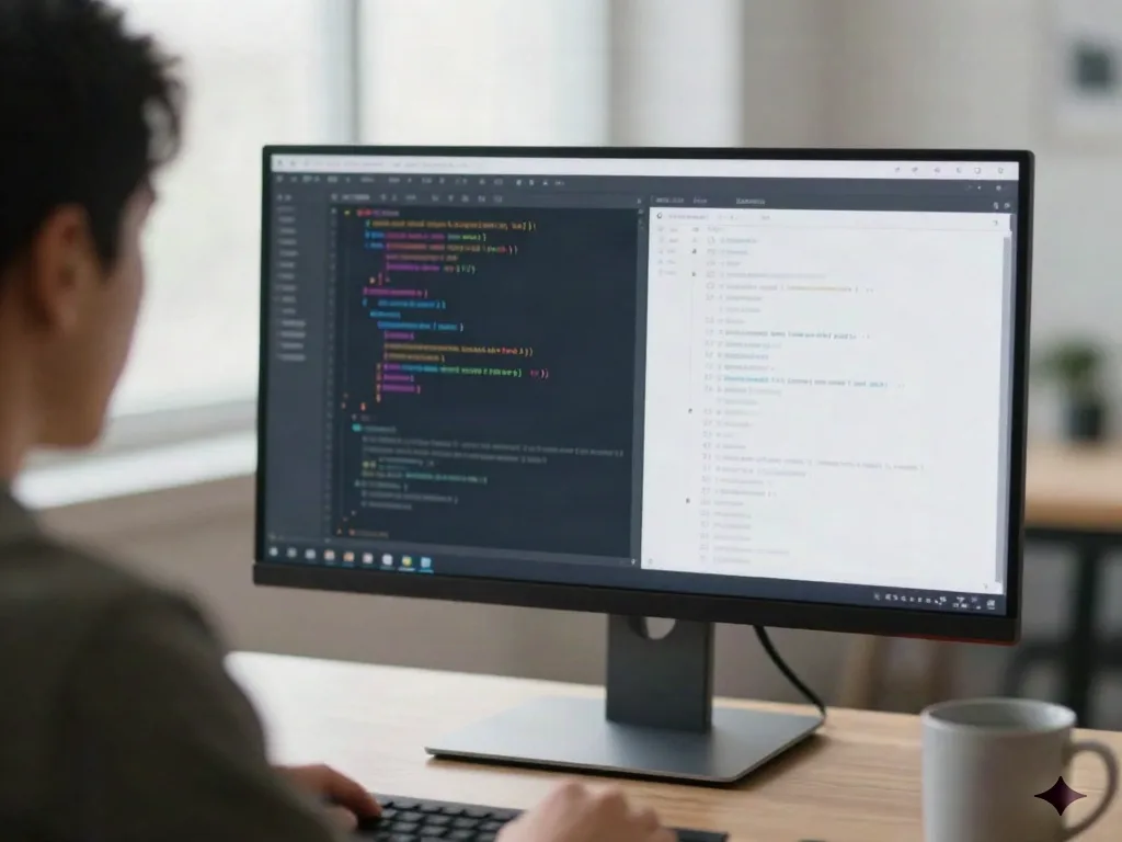 ワイドモニターに関数コードとテストコードがぼかされて表示された、分割画面のコードエディタを見る開発者