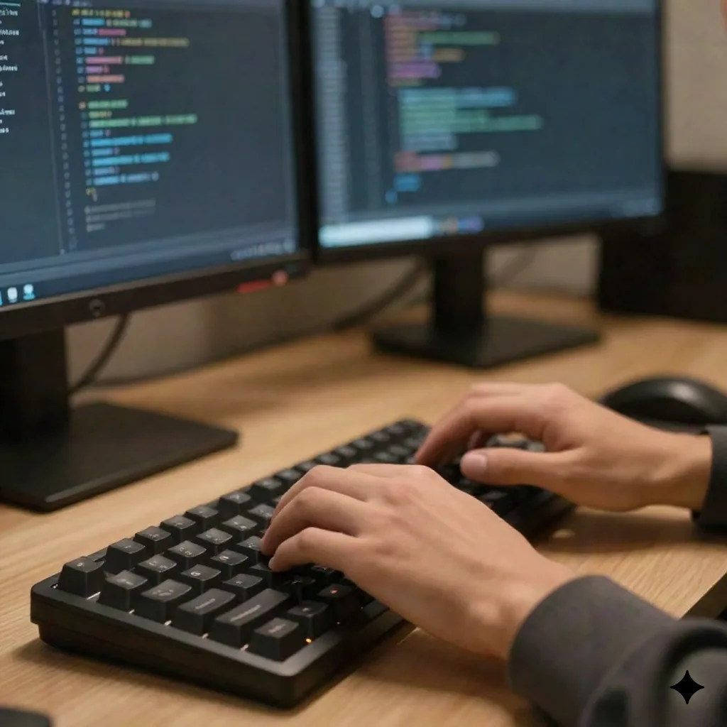 メカニカルキーボードでタイピングする手のクローズアップ、背景に複雑度スキャン実行中のターミナルがボケて表示