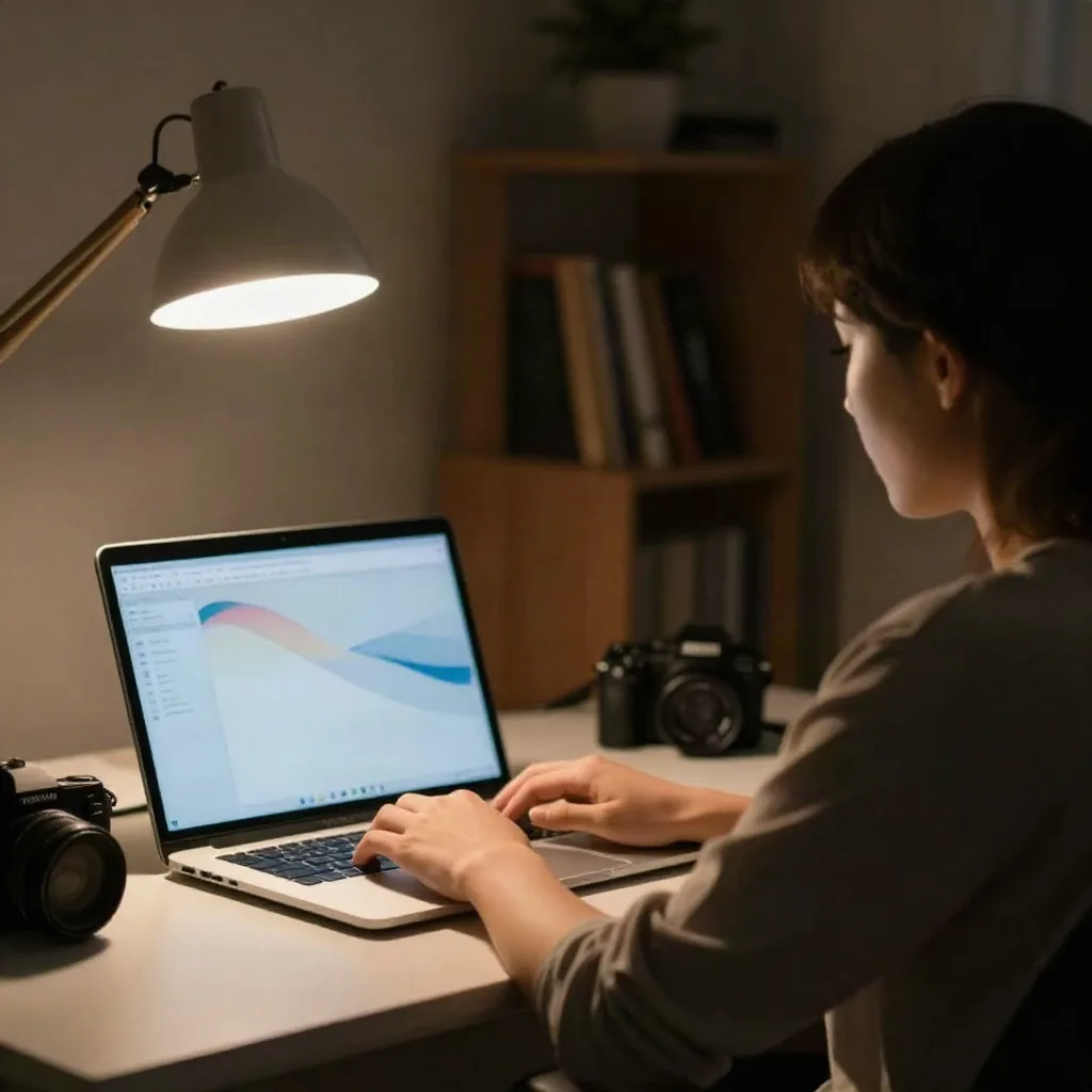夕方、自宅オフィスの机に座っている開発者が、ノートパソコン画面を思慮深く眺めています