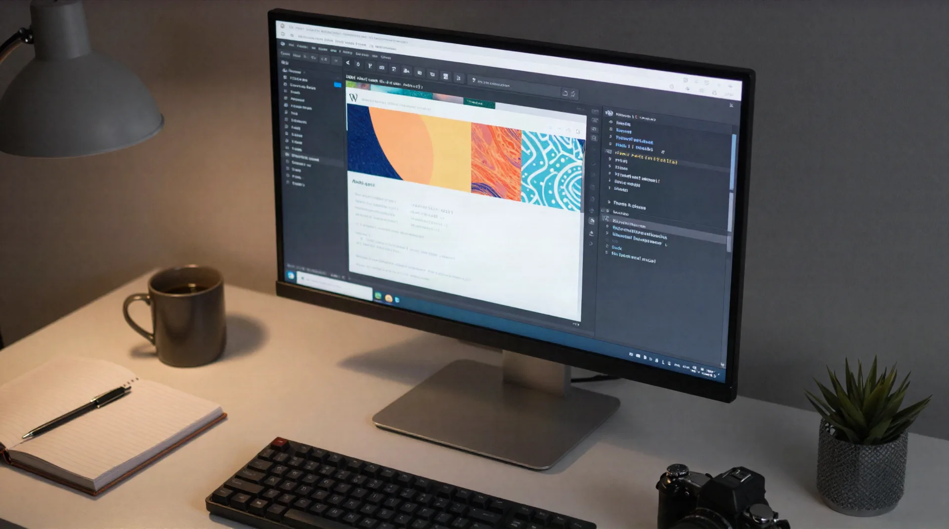 Escritorio de desarrollador con el editor de bloques de WordPress abierto en pantalla, construyendo un patrón con IA al atardecer