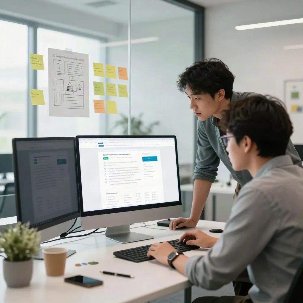 Web agency team reviewing WordPress site build on large monitor