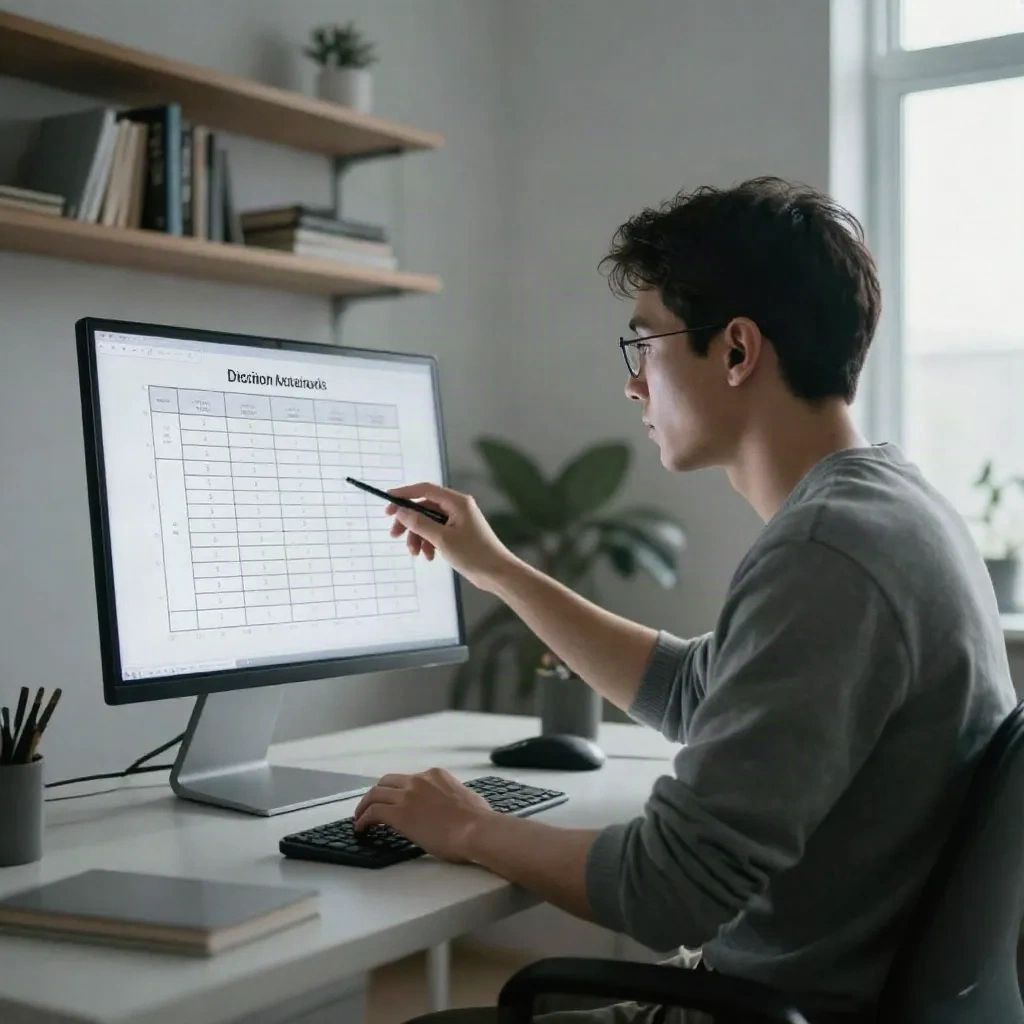 Freelance developer reviewing plugin comparison chart at standing desk