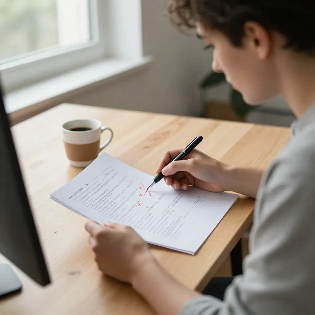 Freelance developer reviewing printed code pages with red pen annotations at wooden desk