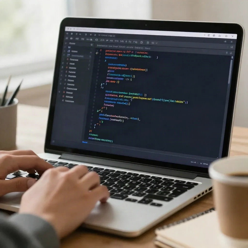 Close-up of WordPress block editor code on developer laptop screen