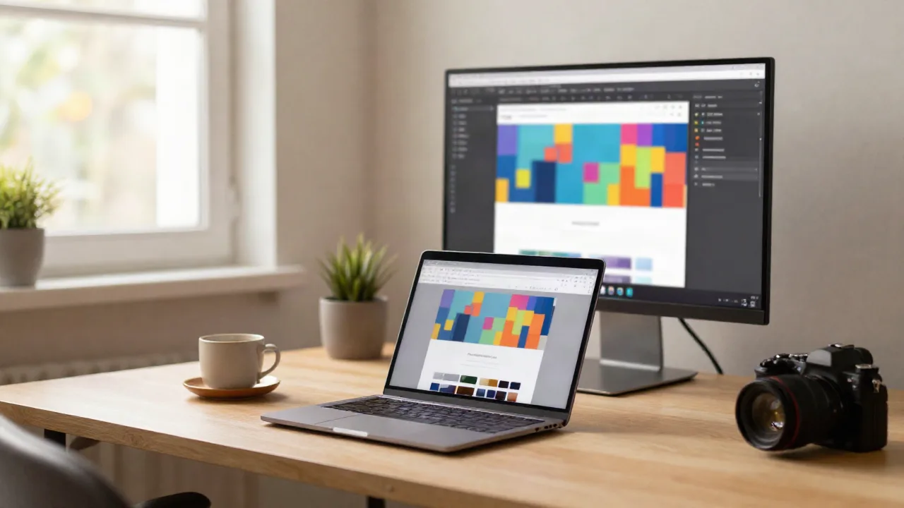 Schreibtisch eines Freelance-WordPress-Entwicklers mit Laptop und Monitor, die einen unscharfen Block-Editor zeigen