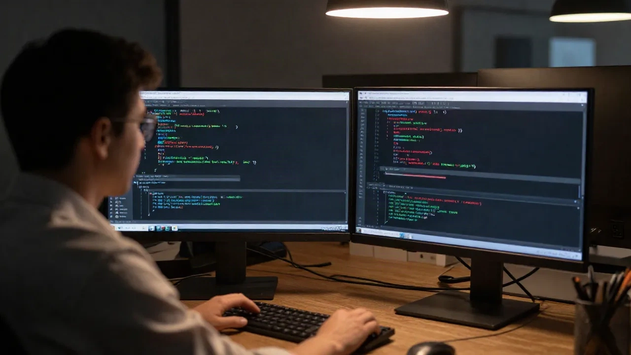 Developer reviewing PHP code at dual-monitor workstation with static analysis results