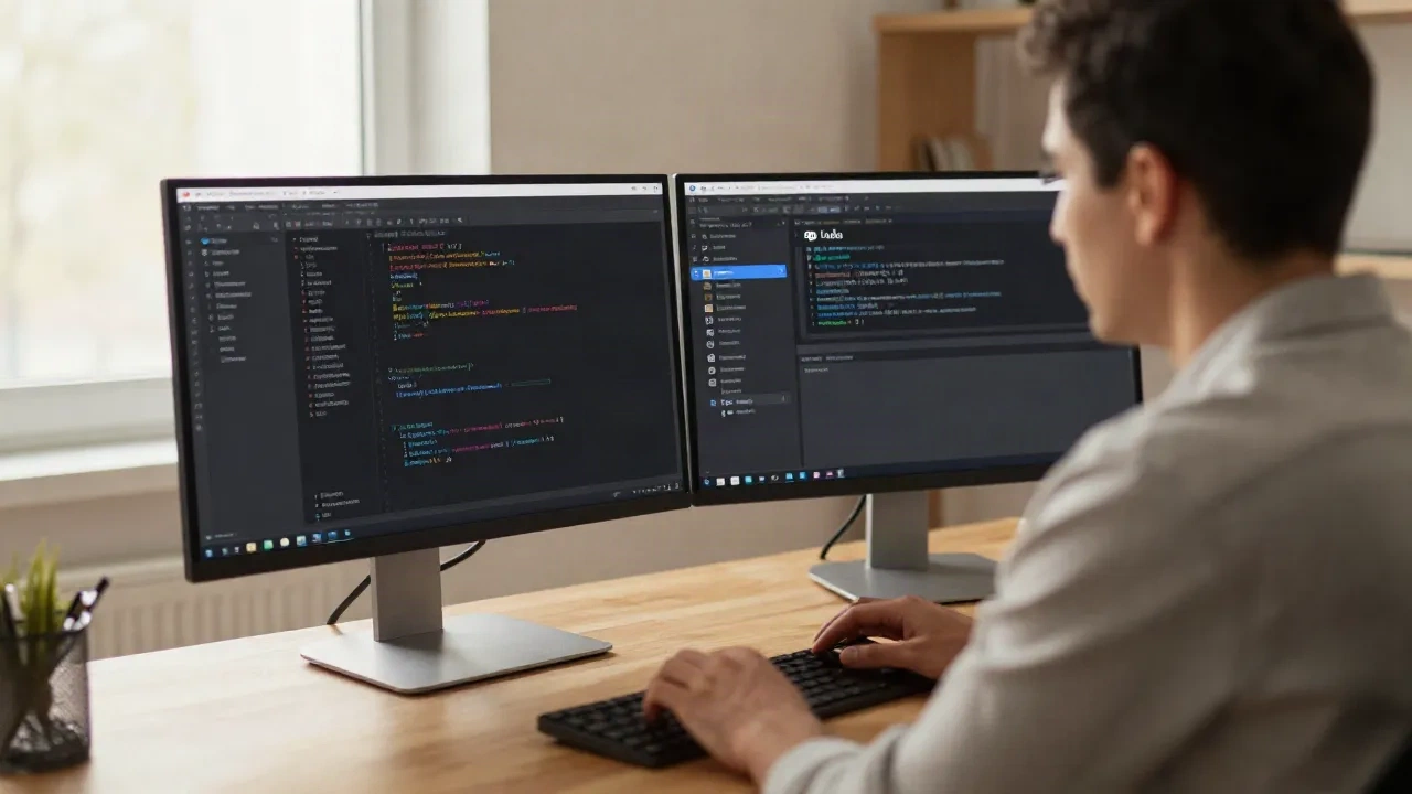 Sviluppatore WordPress che lavora con plugin IA su configurazione a doppio monitor