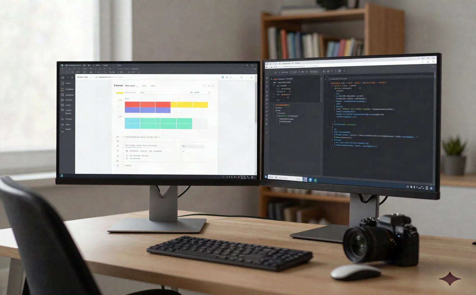 Desarrollador freelance de WordPress trabajando con dos monitores, uno de ellos con un diseño completo del editor de sitios