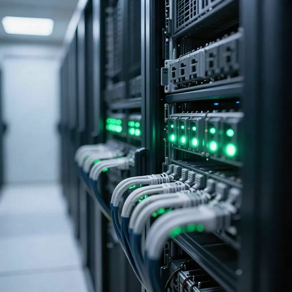 Server rack cables with green status lights in a clean data center aisle