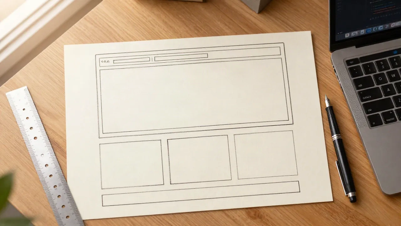 Schizzo di wireframe di bassa fedeltà disegnato a mano su carta accanto a un laptop e un righello