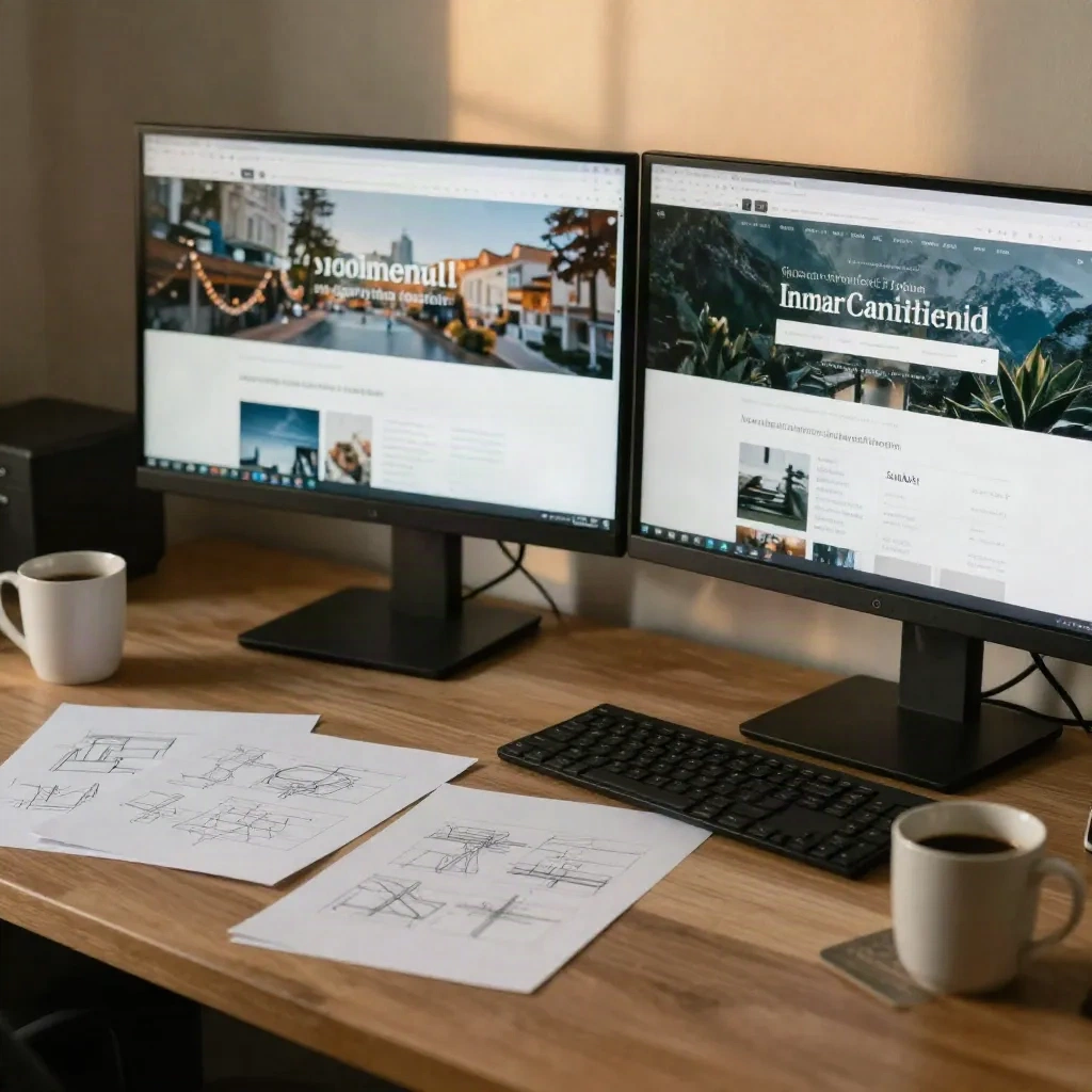Développeur web en télétravail avec deux écrans affichant des interfaces de site et des croquis de wireframe