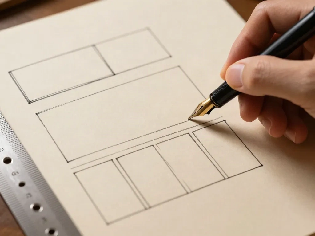 Close-up of a hand drawing wireframe boxes with a fountain pen and ruler on paper