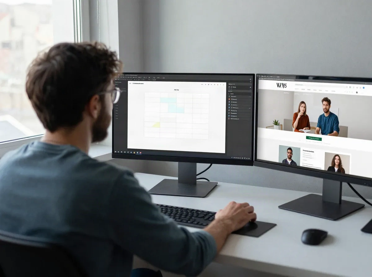 WordPress agency developer dragging and resizing a block layout across two monitors