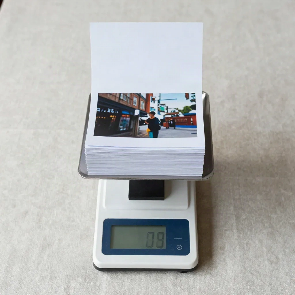Digital scale weighing a stack of paper against a single printed photograph, a metaphor for image weight