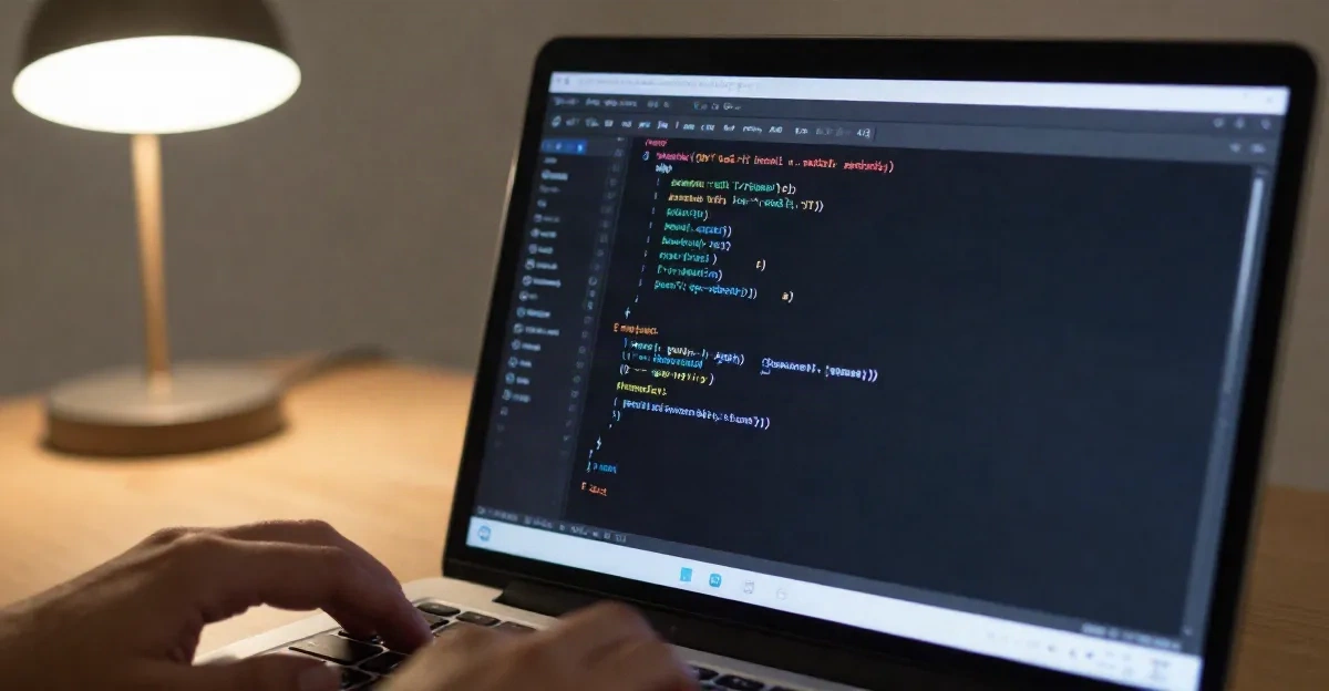 Kode HTML bersih di editor IDE gelap, mengilustrasikan perbedaan kualitas output antara page builder WordPress