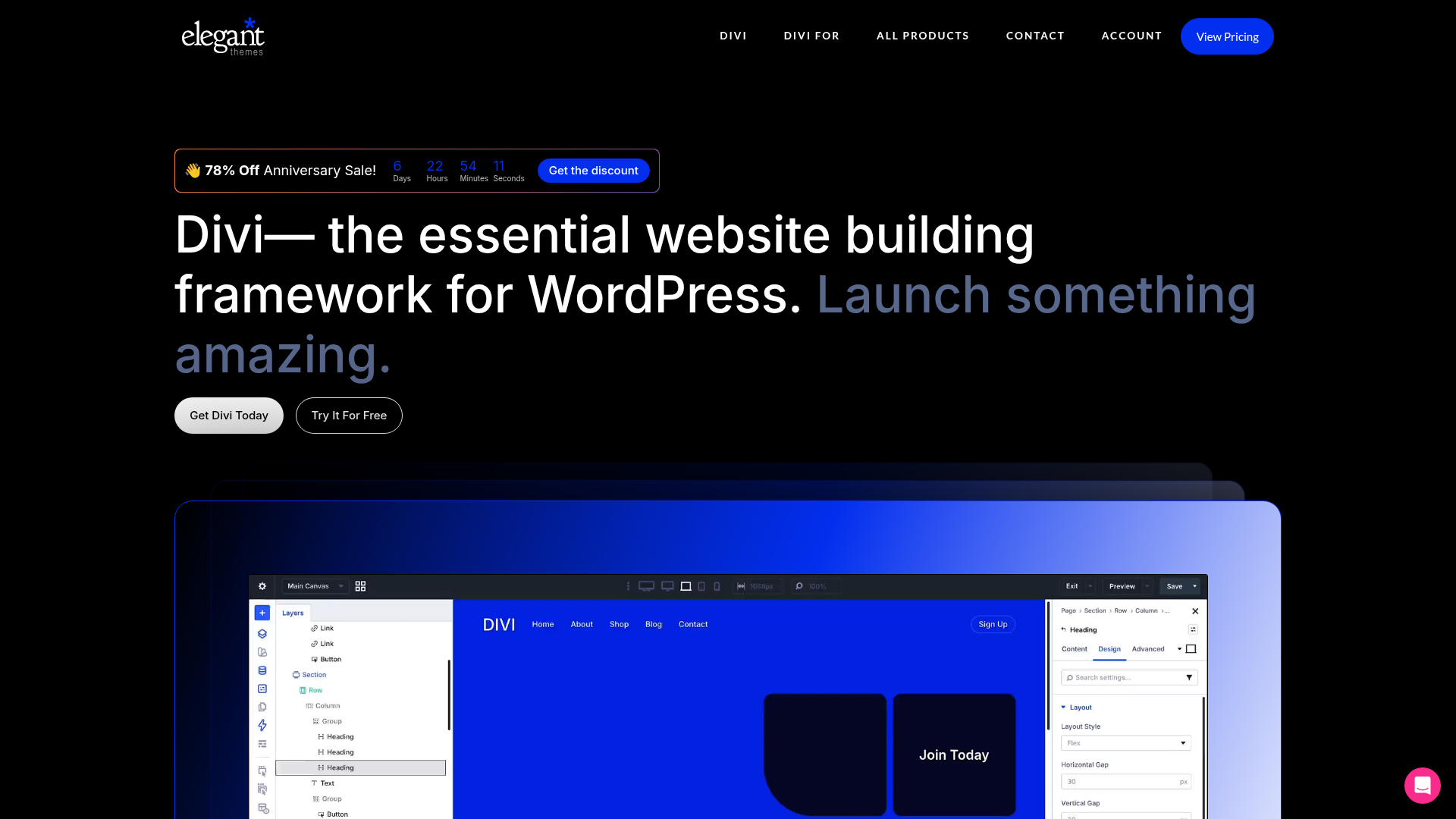 Divi Produktseite auf Elegant Themes zeigt den Divi Visual Page Builder Hero Abschnitt