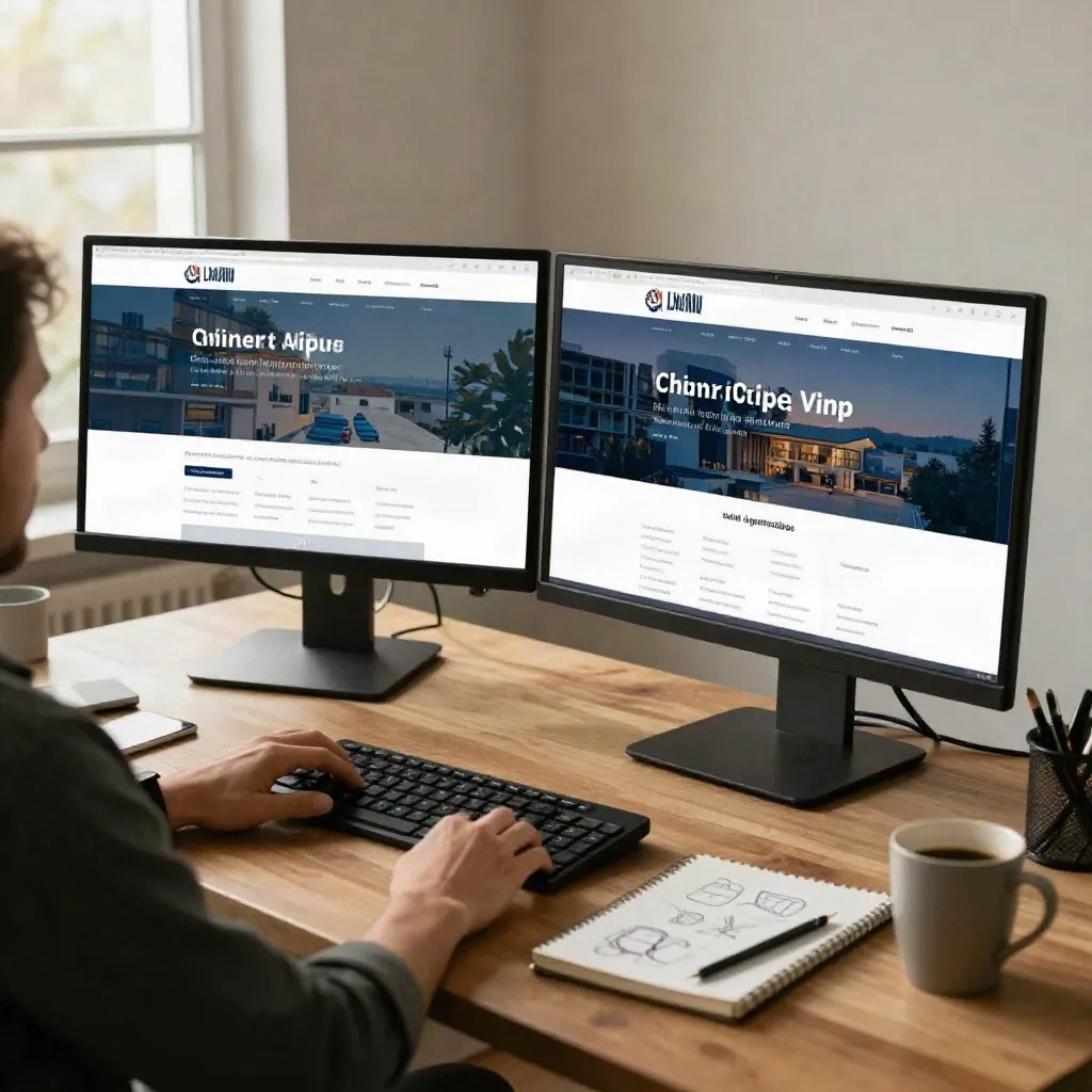 Developer web freelance membangun situs WordPress di meja kerja
