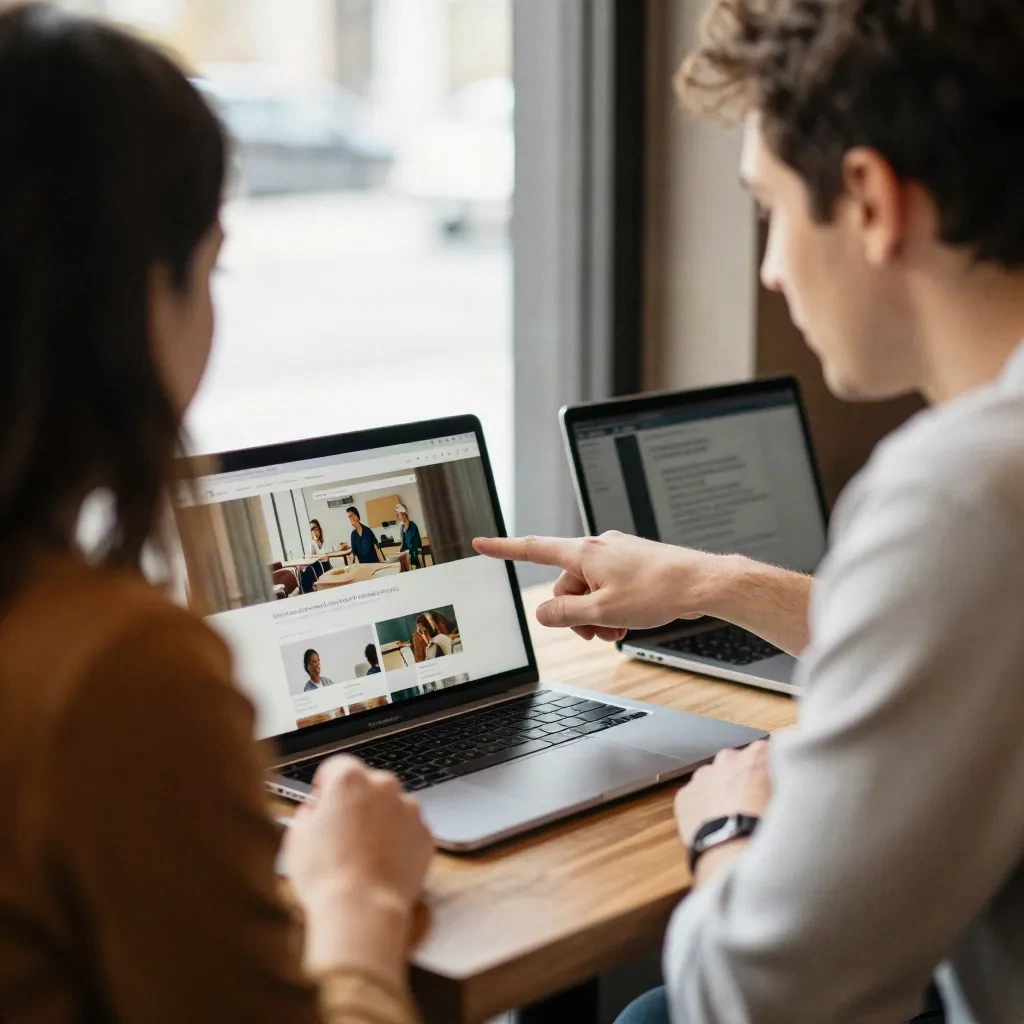 Deux professionnels dans un café discutant de conception de site web sur des ordinateurs portables