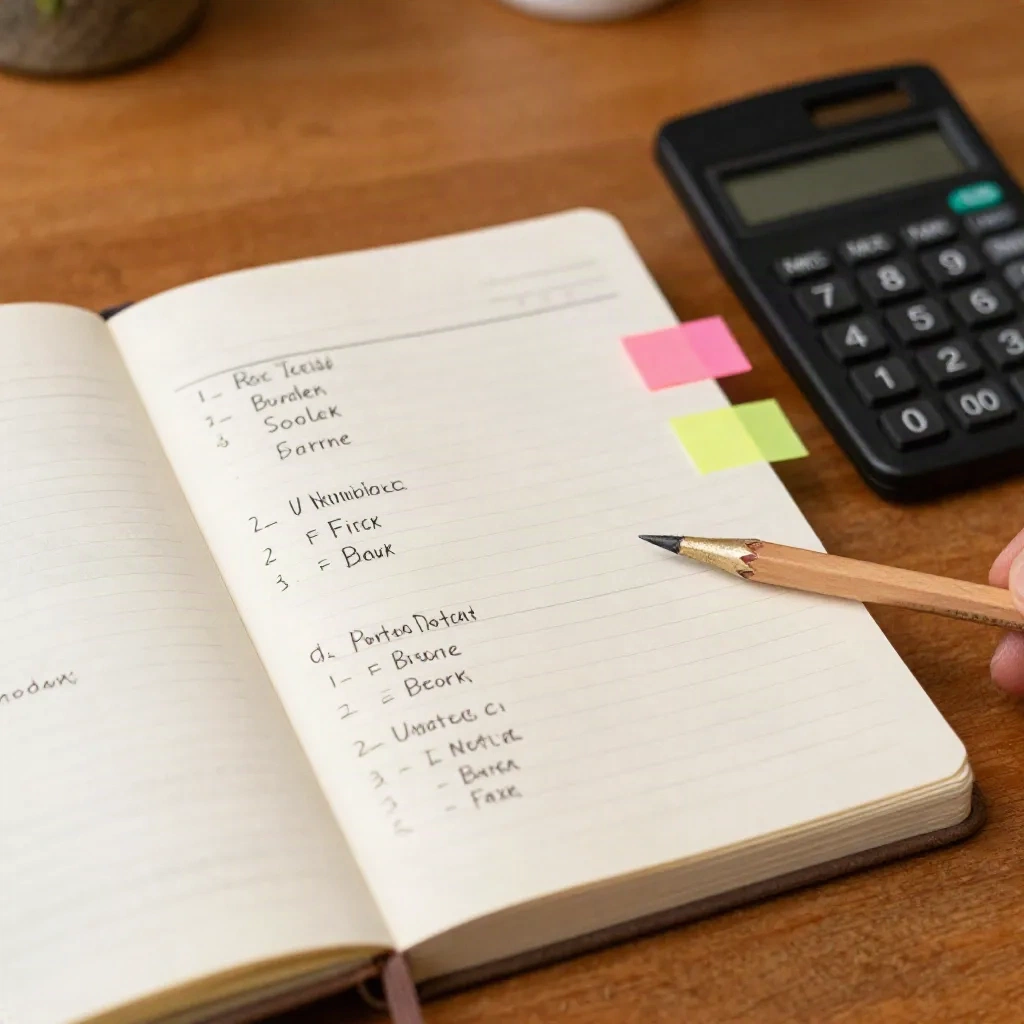 Carnet de planning ouvert avec notes de budget et post-it colorés sur un bureau en bois