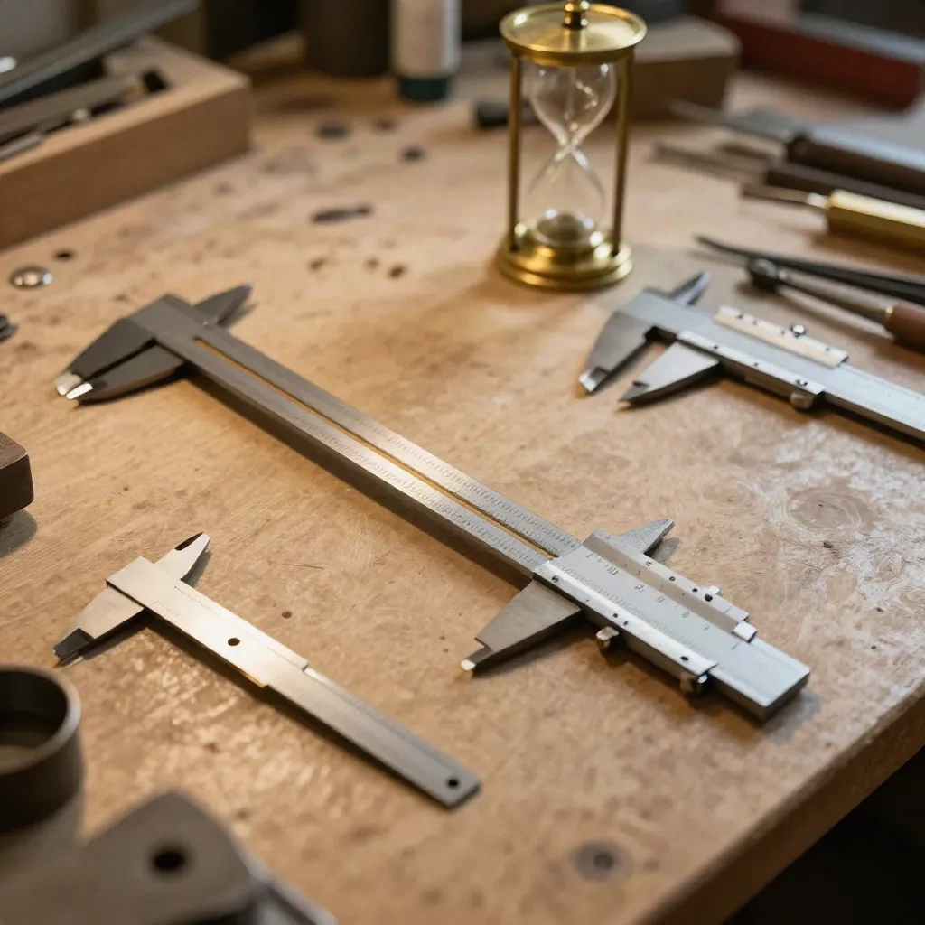 Craftsman workbench with a plumb line, calipers and a brass hourglass laid out in order