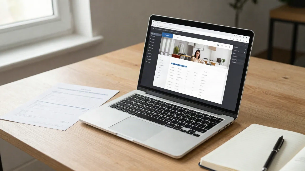 Freiberuflicher Webentwickler am Schreibtisch mit Laptop, auf dem ein Website-Editor und eine Rechnung zu sehen sind