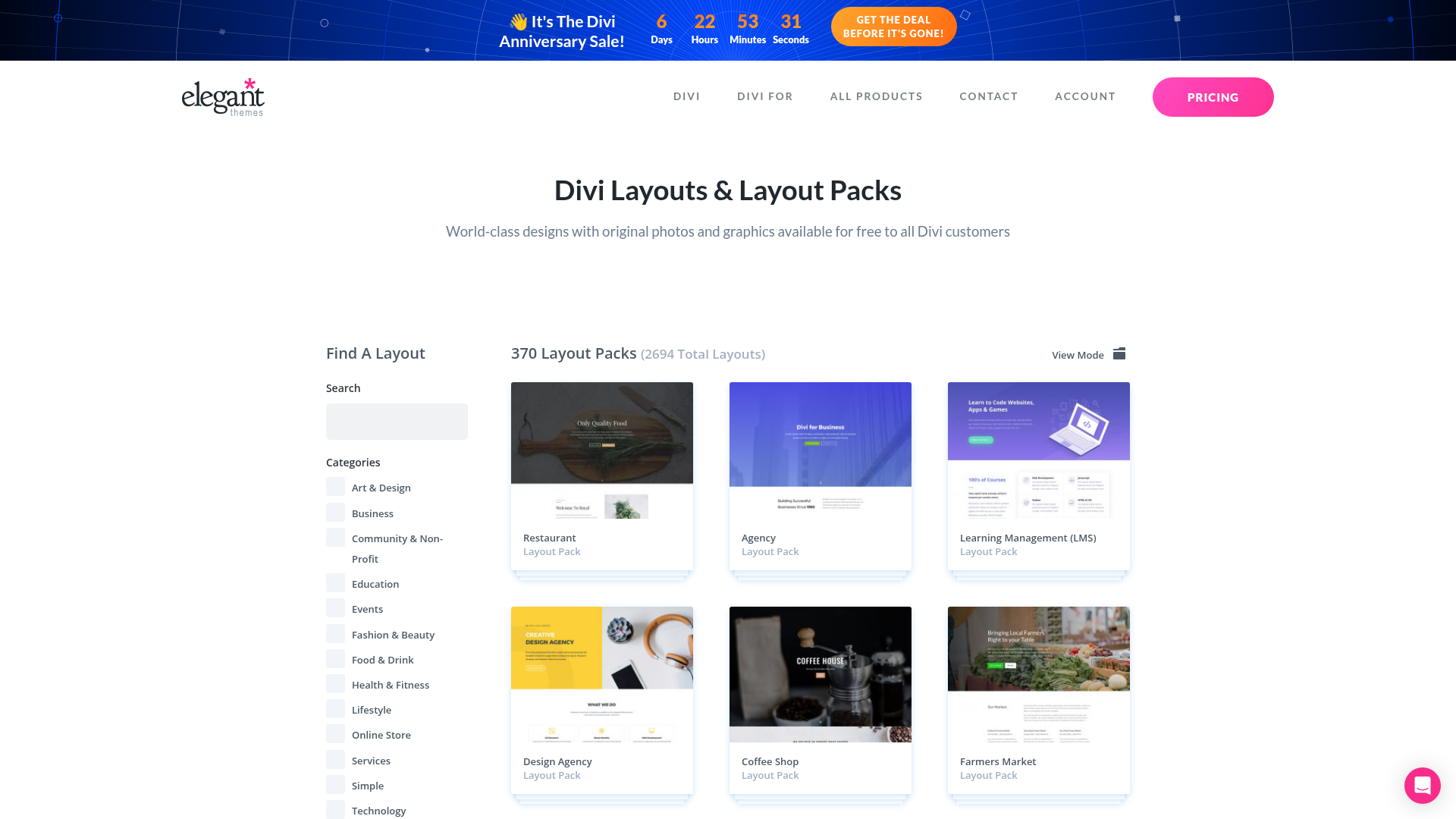 Divi Layouts library page showing premade layout packs by Elegant Themes