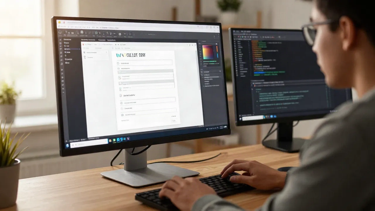 WordPress developer working at a desk with the Site Editor interface visible on screen