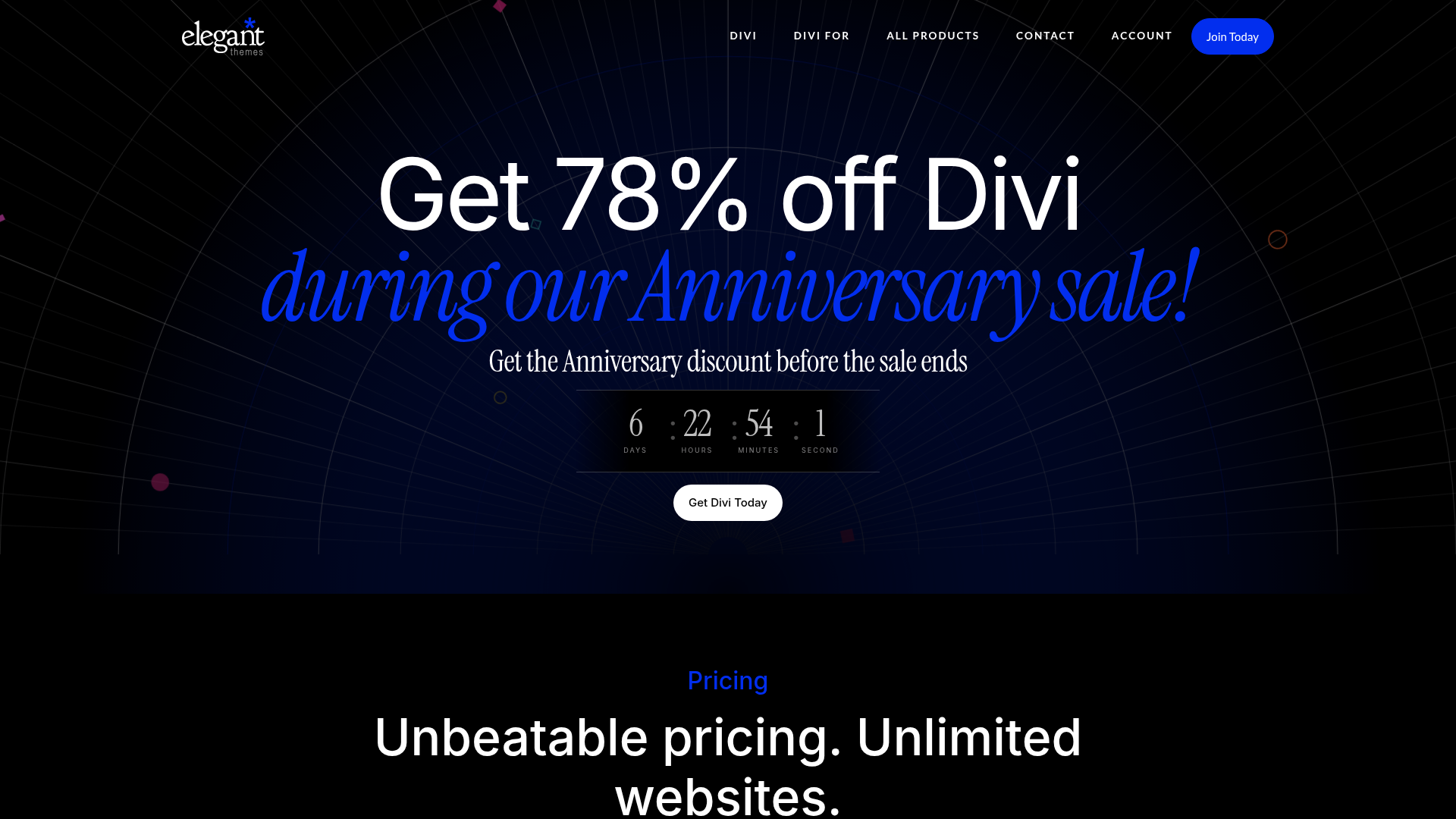 Elegant Themes pricing page showing Divi yearly and lifetime access plans