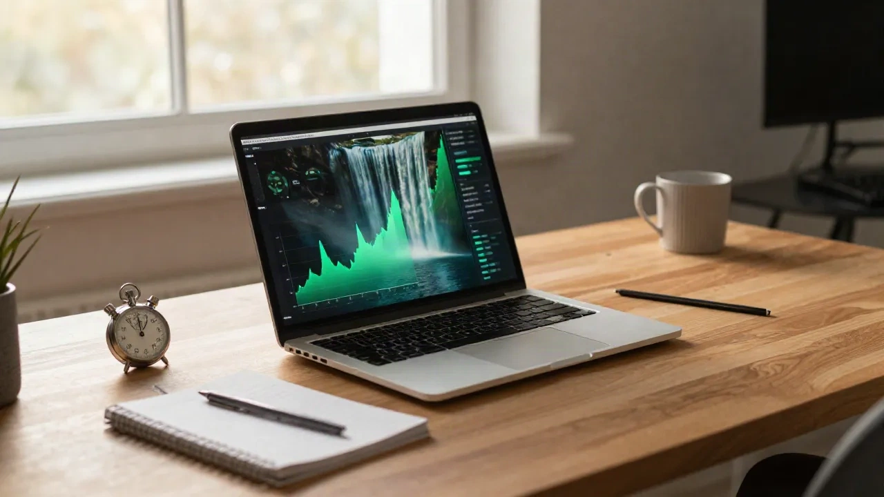 Developer desk with a laptop showing a green performance graph, a stopwatch and a notebook