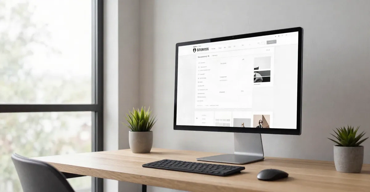 Ruang kerja minimalis modern dengan monitor besar menampilkan tata letak website di editor visual
