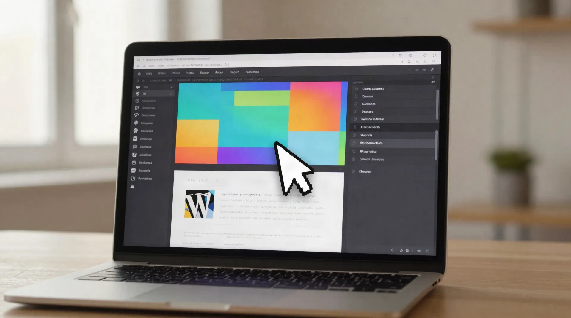 Portátil mostrando um editor de blocos WordPress a meio de uma ação arrastar numa disposição de secção heróica