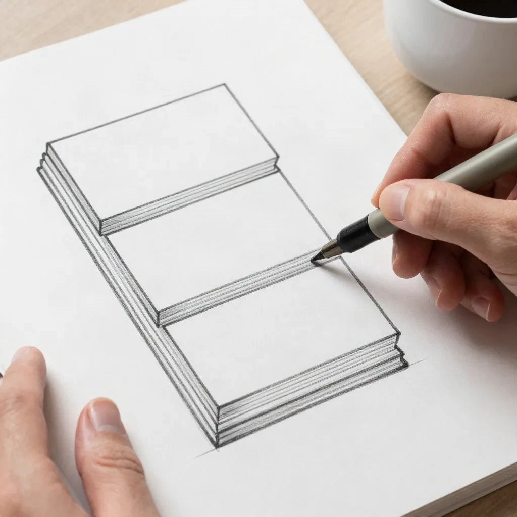 Hands sketching a grayscale landing page layout on graph paper