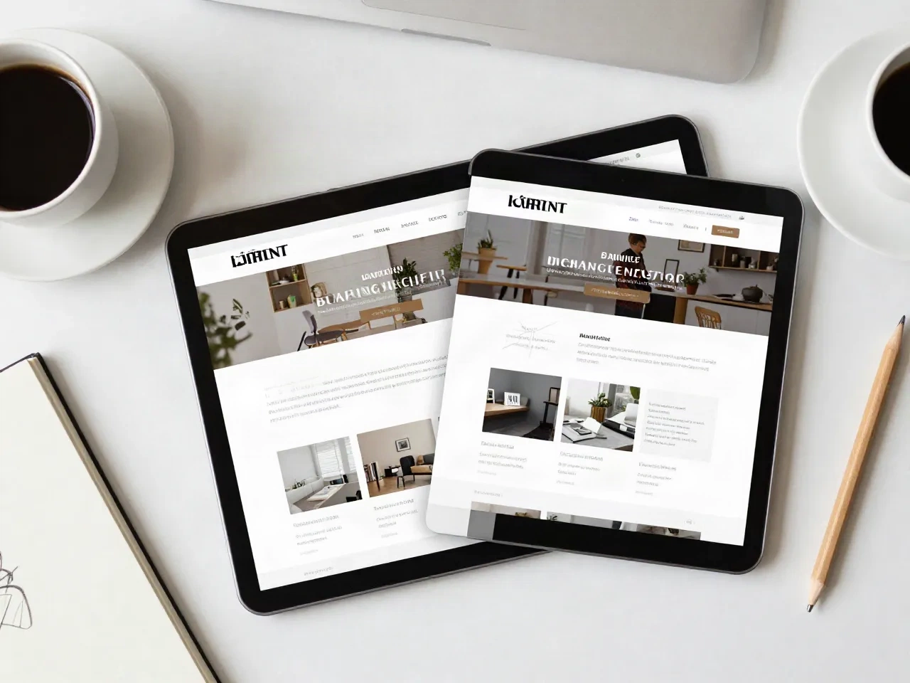 Two tablets showing mirrored left-to-right and right-to-left website layouts on a desk
