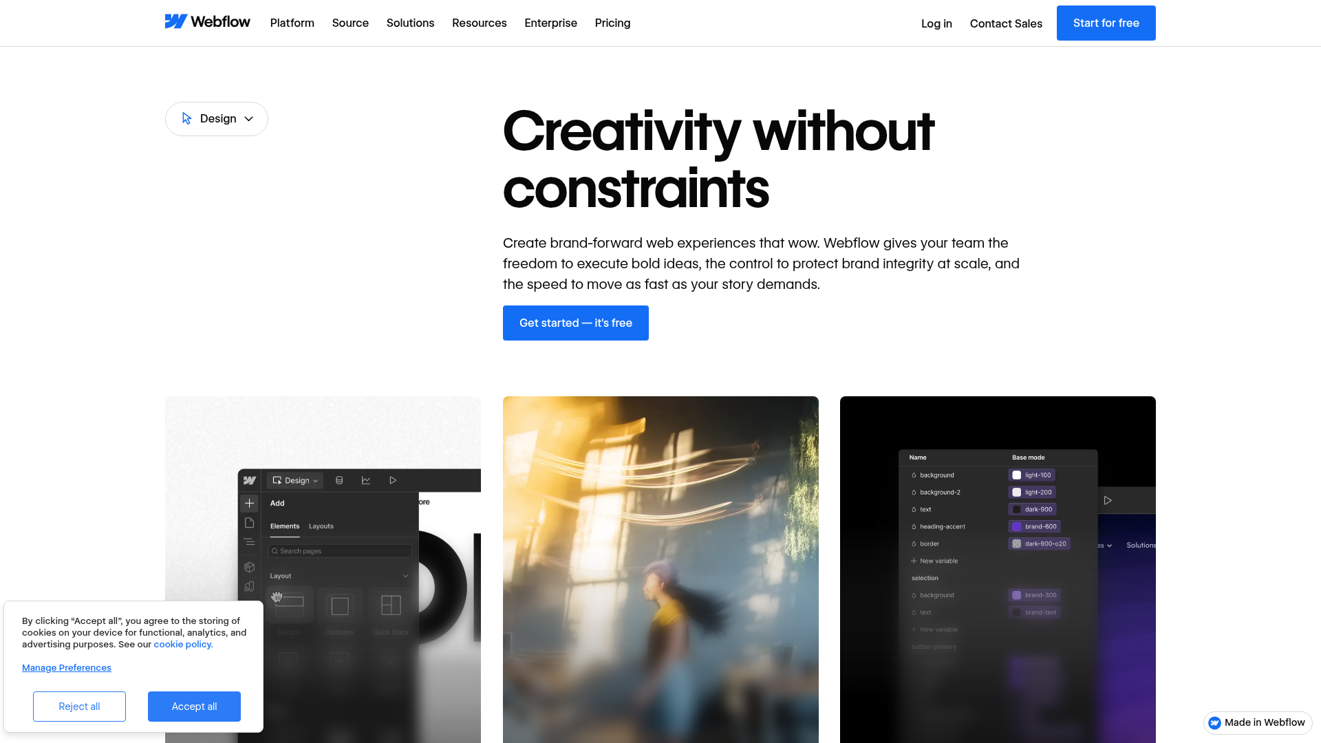 Page produit Webflow Designer avec l'éditeur visuel et le panneau de variables