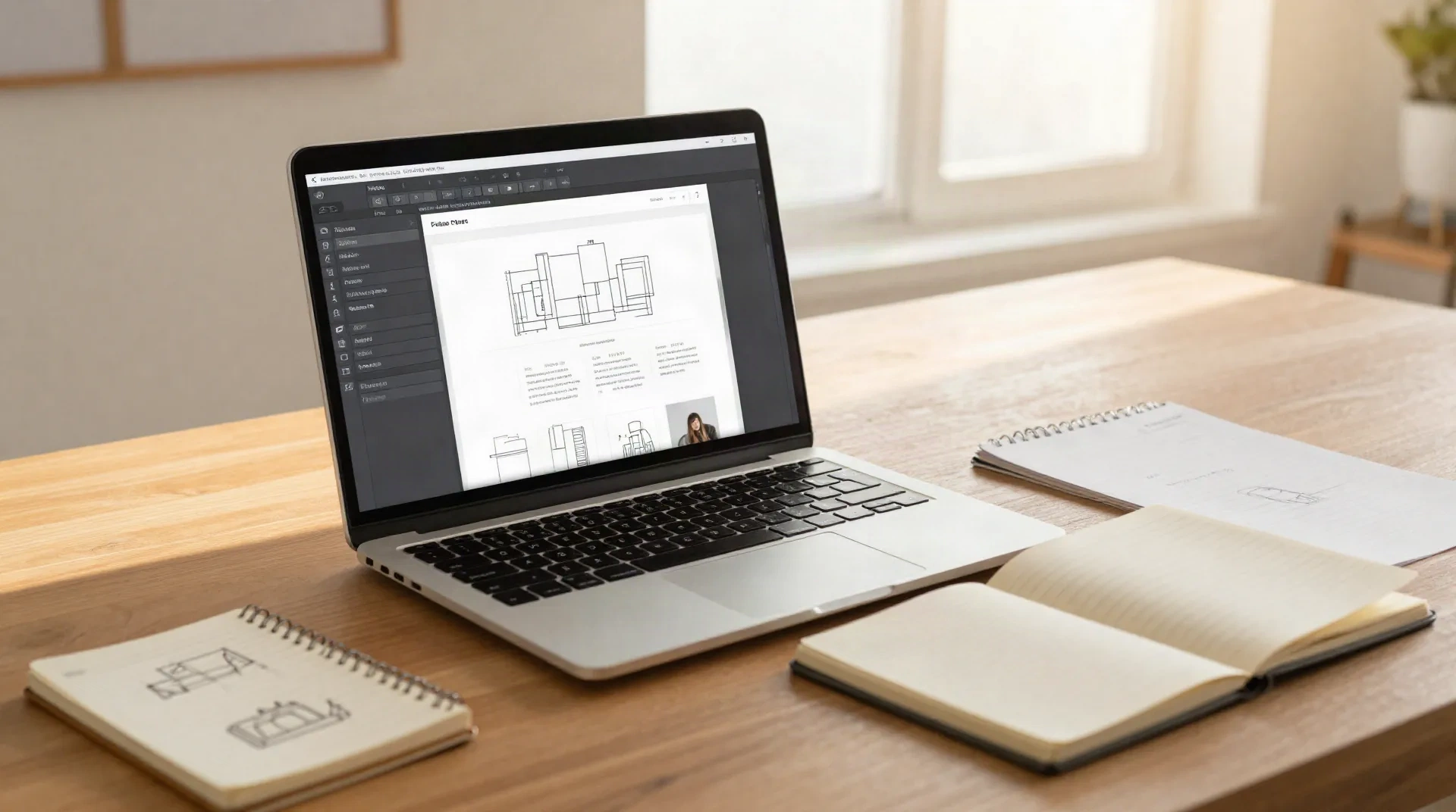 Freelance web designer desk with a laptop showing a website layout in an editor