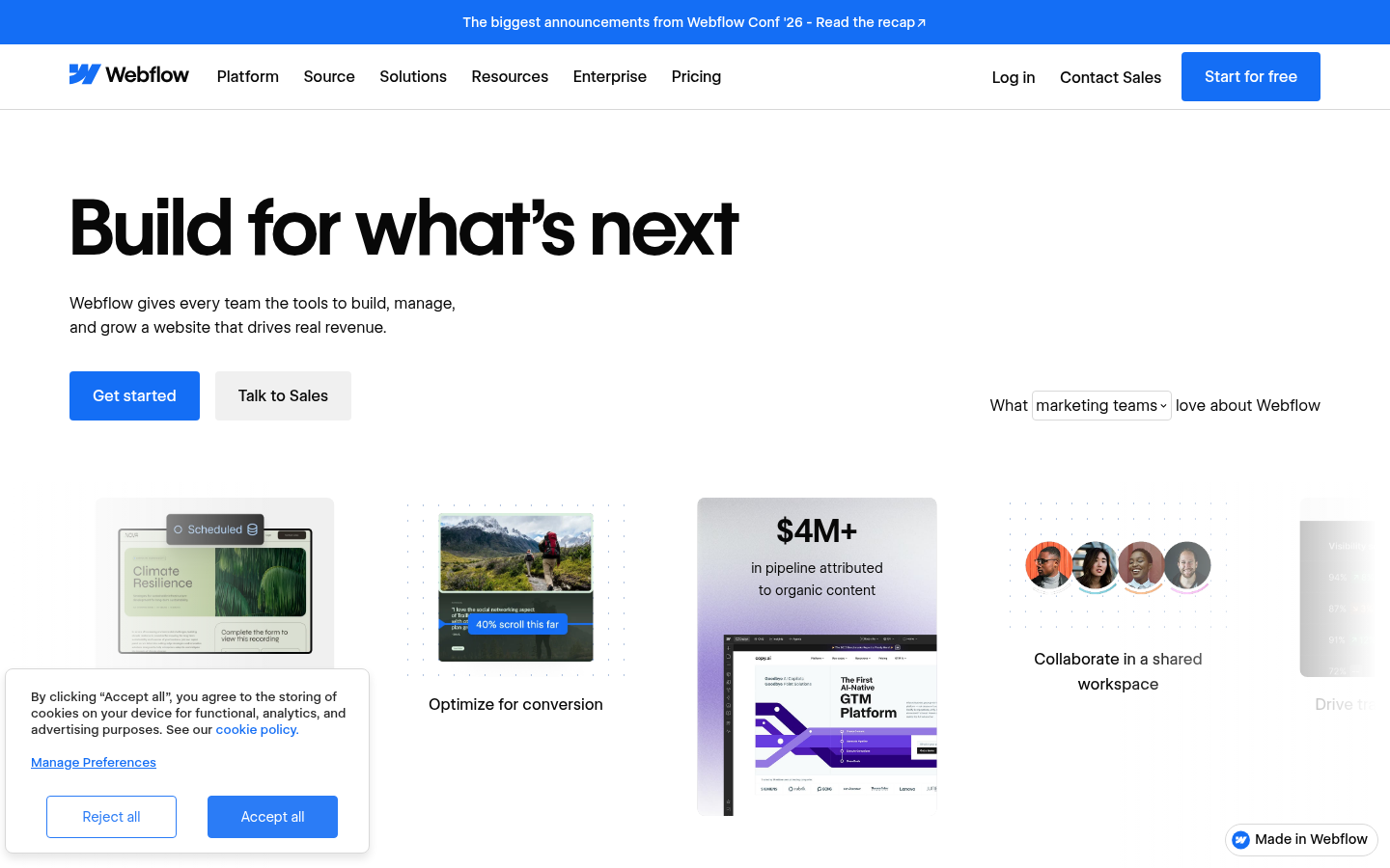 Screenshot della homepage di Webflow, ottobre 2026