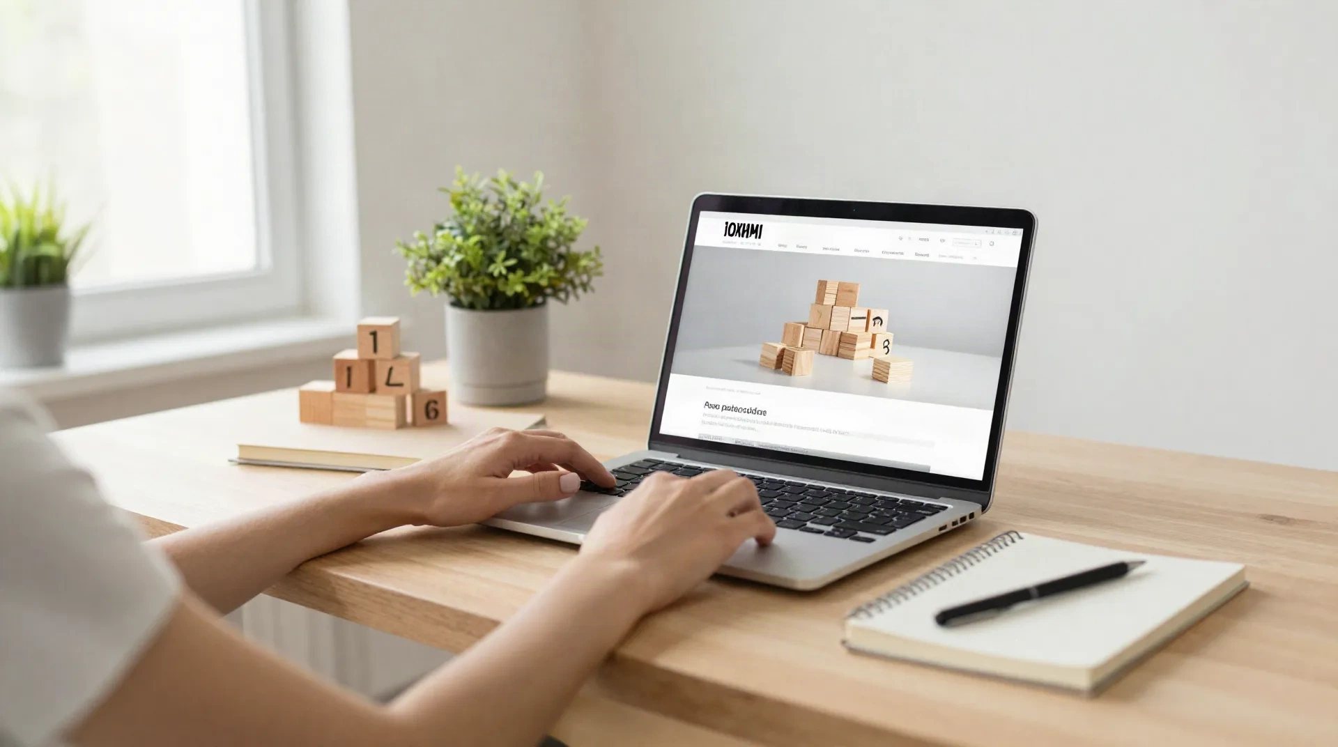 Person baut eine Website am Laptop an einem hellen Holzschreibtisch, daneben Holzbausteine