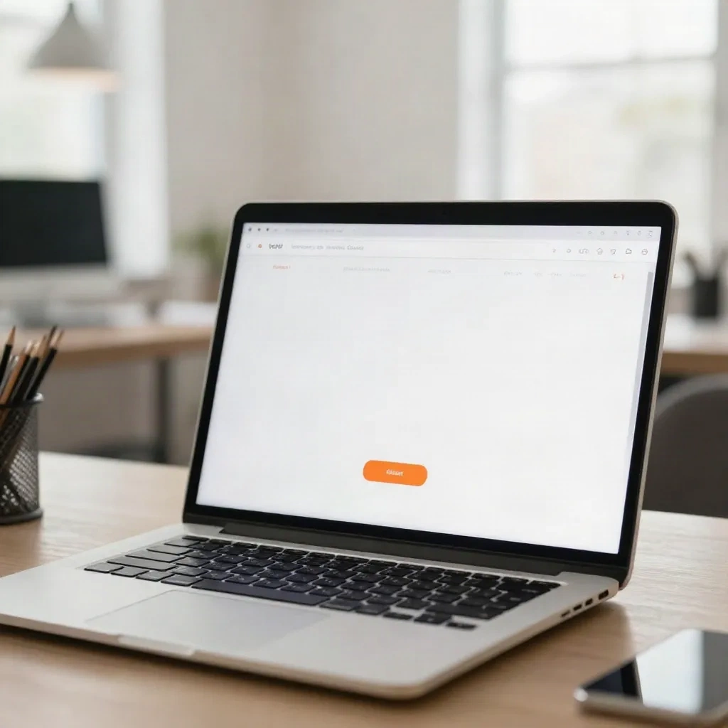 Laptop showing a landing page hero with a single orange call to action button