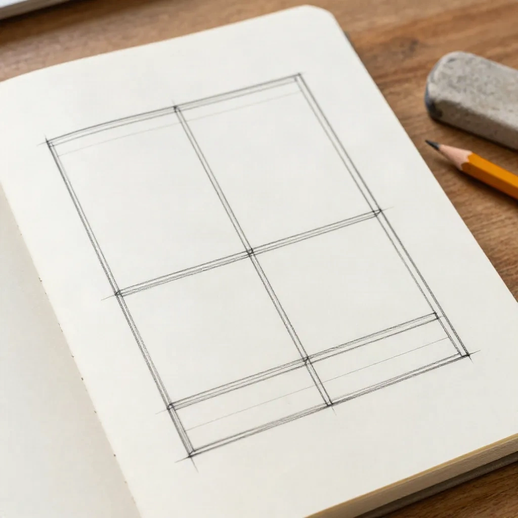 Potloodschets van een lay-out met één kolom, getekend in een notitieboek