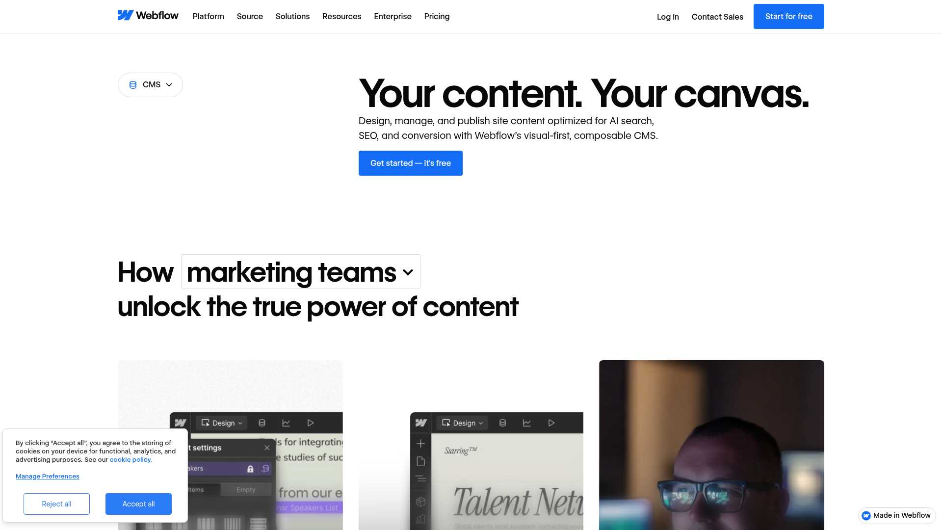 Page produit CMS de Webflow, avec le slogan « Your content. Your canvas. »