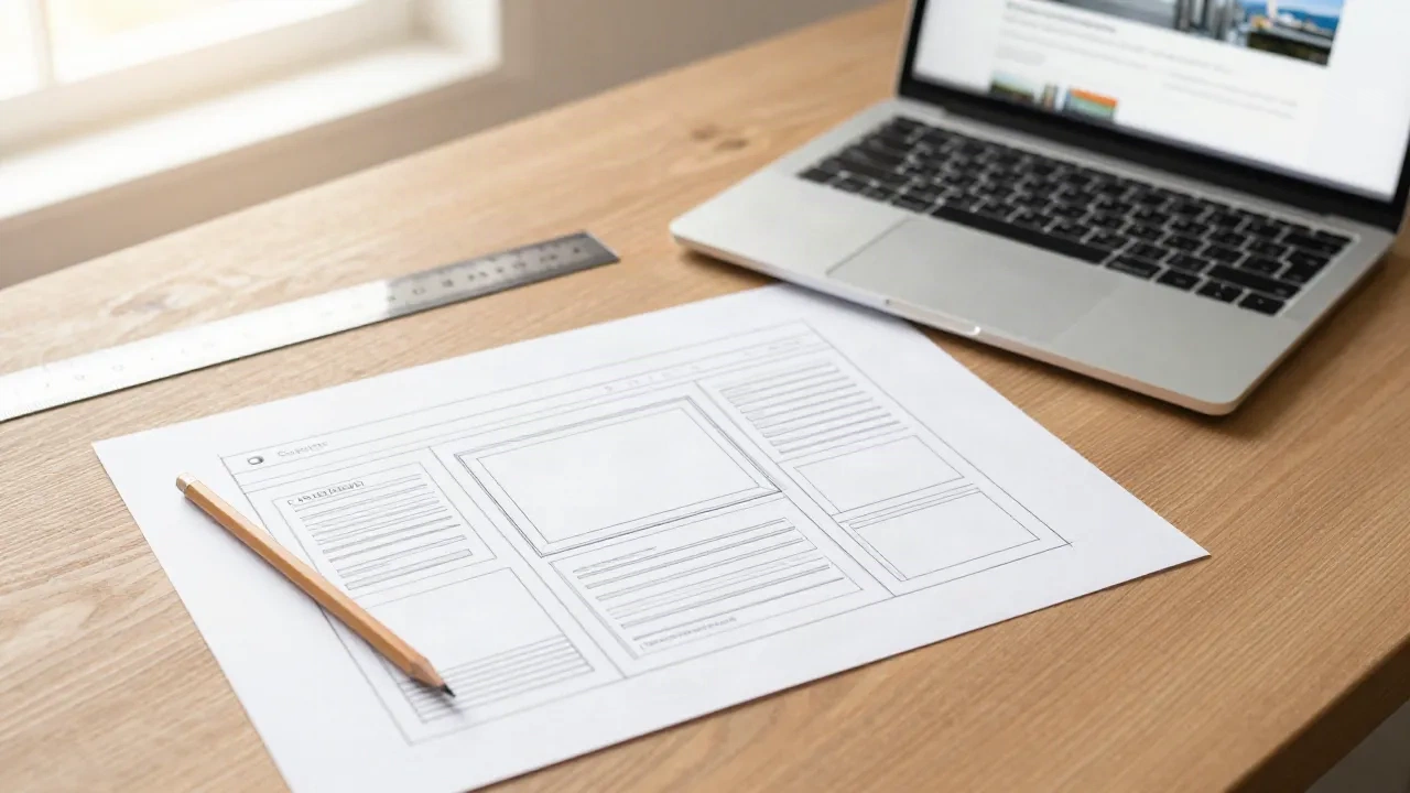 Handskizze eines Landingpage-Layouts auf einem Holztisch neben Laptop und Bleistift