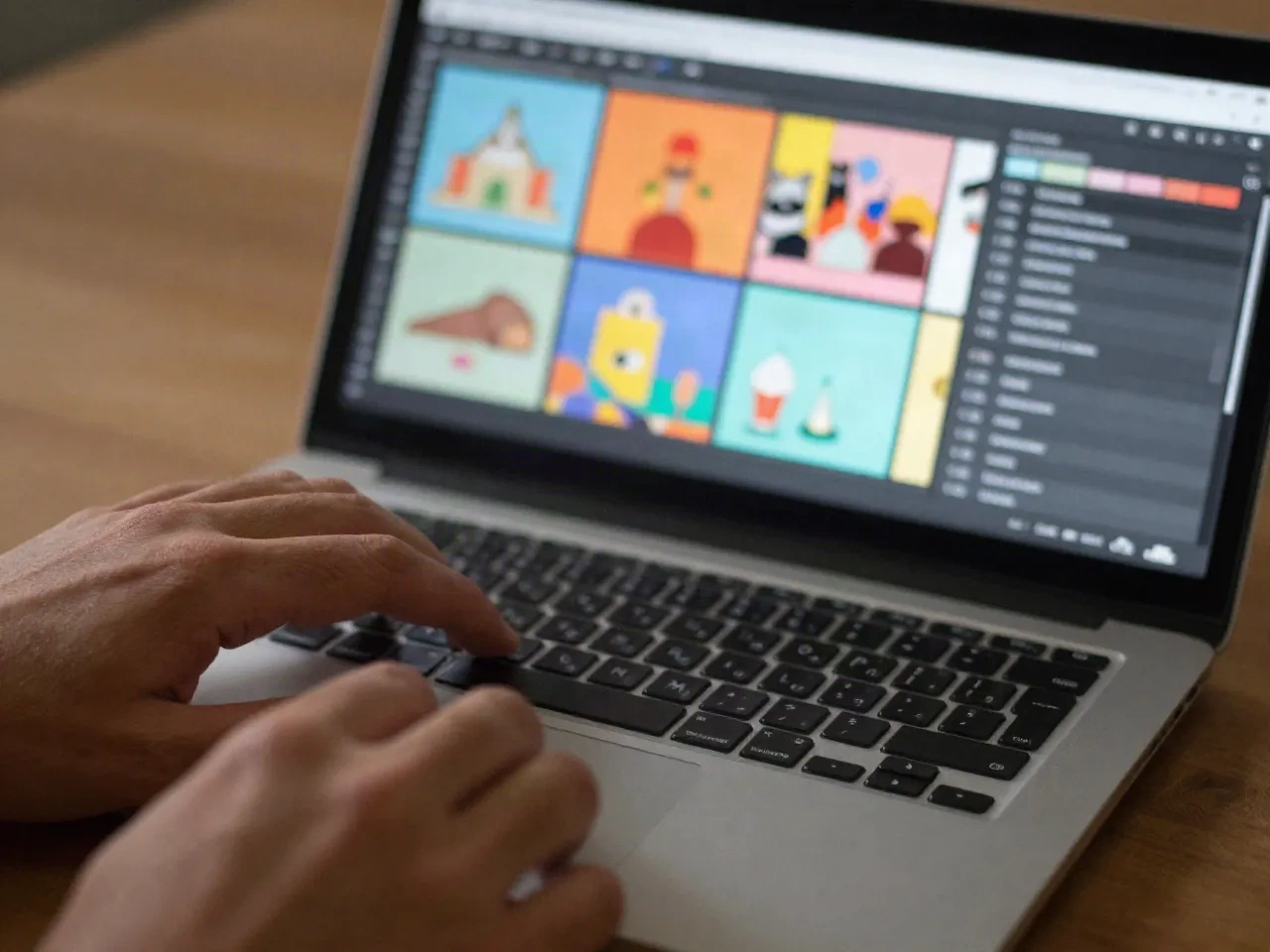 Hands on a laptop arranging colorful content sections in a visual editor