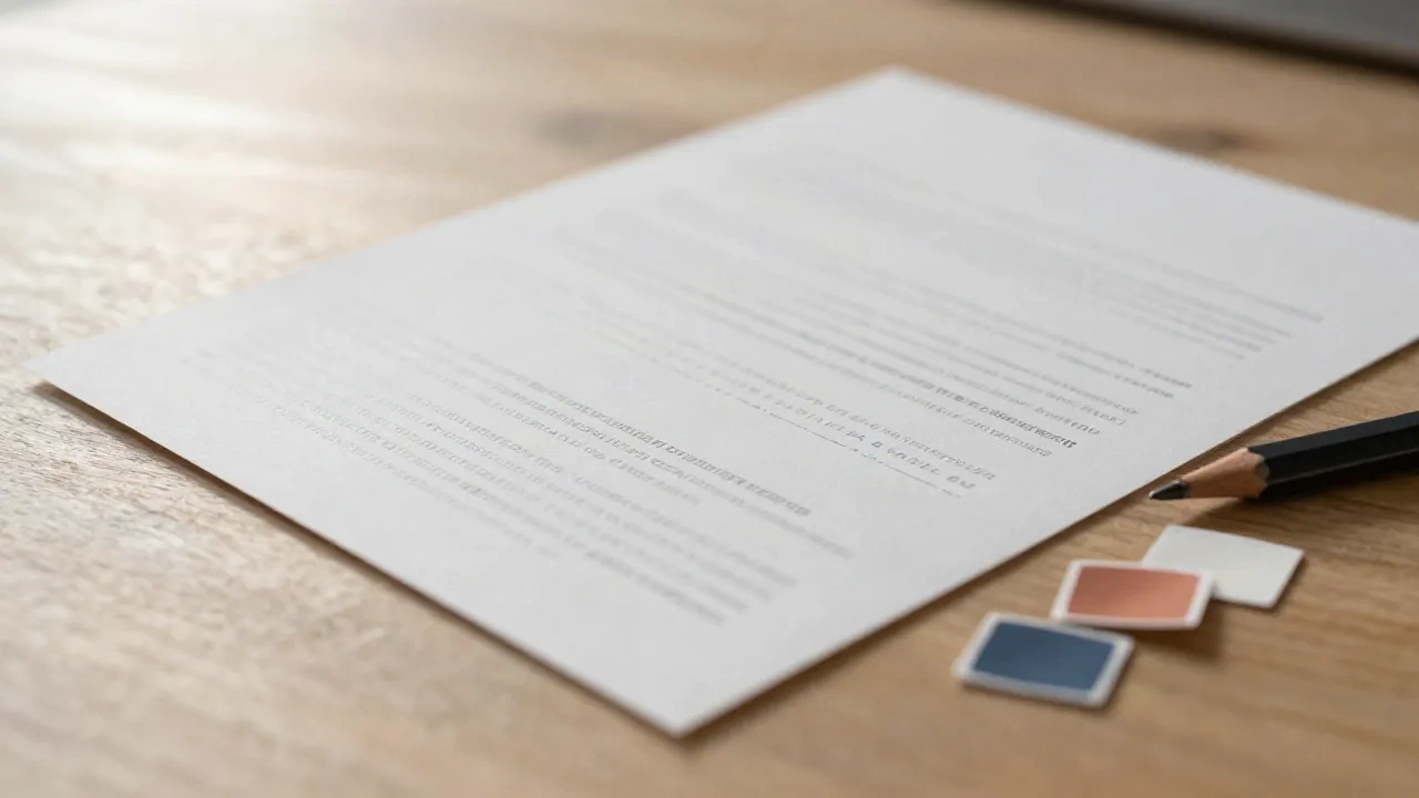 Type specimen sheet and small paper color chips on a wooden table