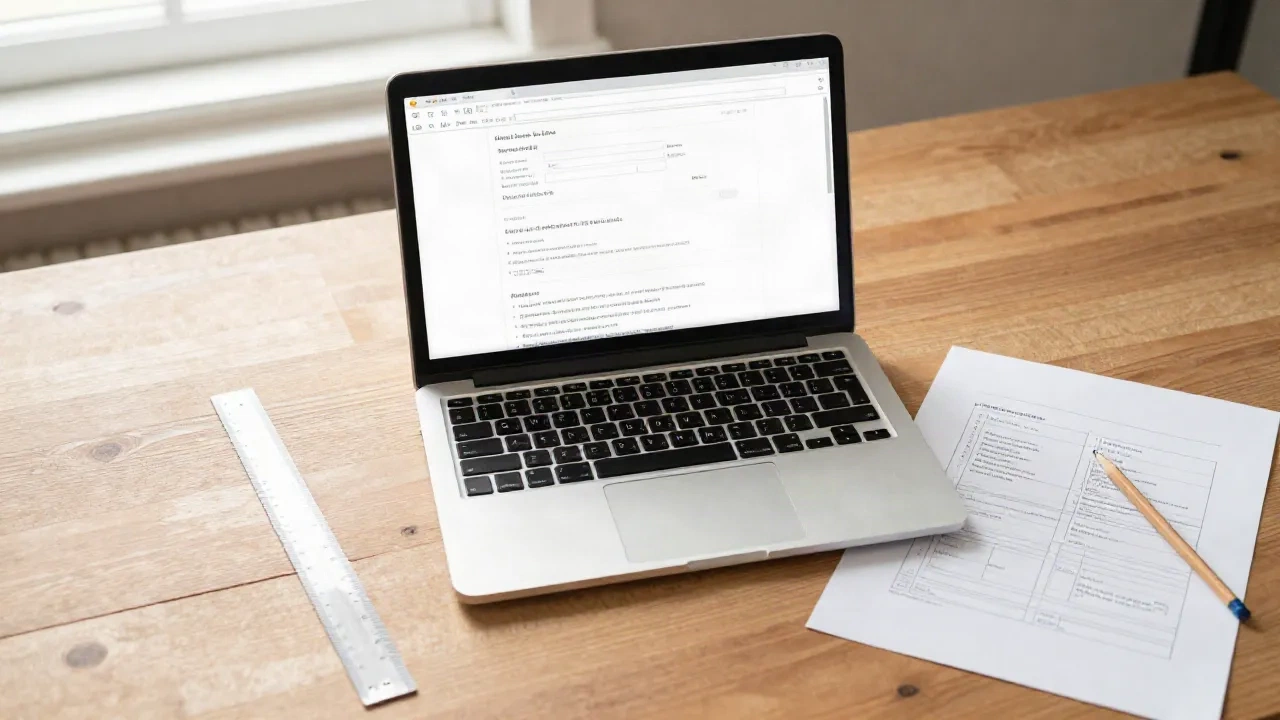 Handwerkerschreibtisch mit Laptop, Layout-Proofs, Lineal und Bleistift als Sinnbild für die Planung einer Landingpage